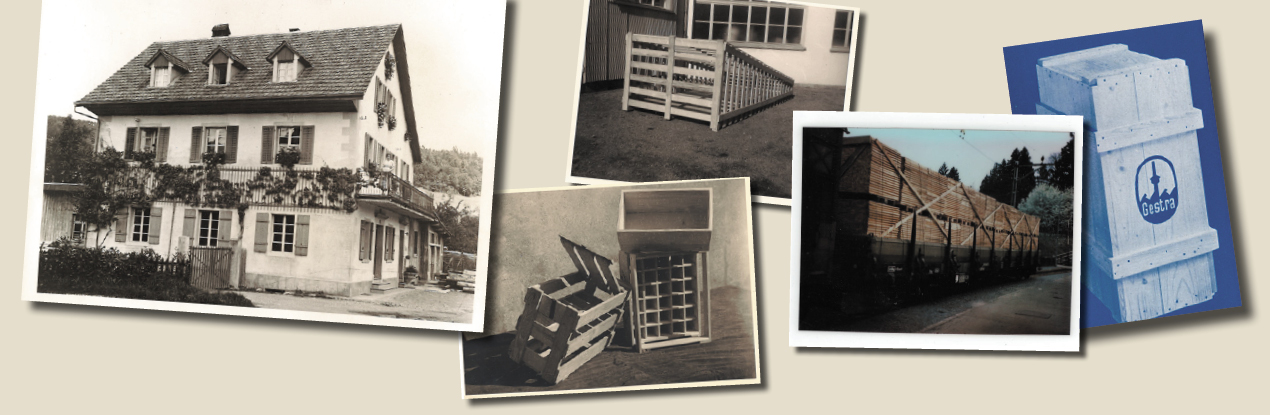 Bilder von alten Zeiten: Fotos vom Haupteingang der Bodmer AG und verschieden Kisten und Produkten.