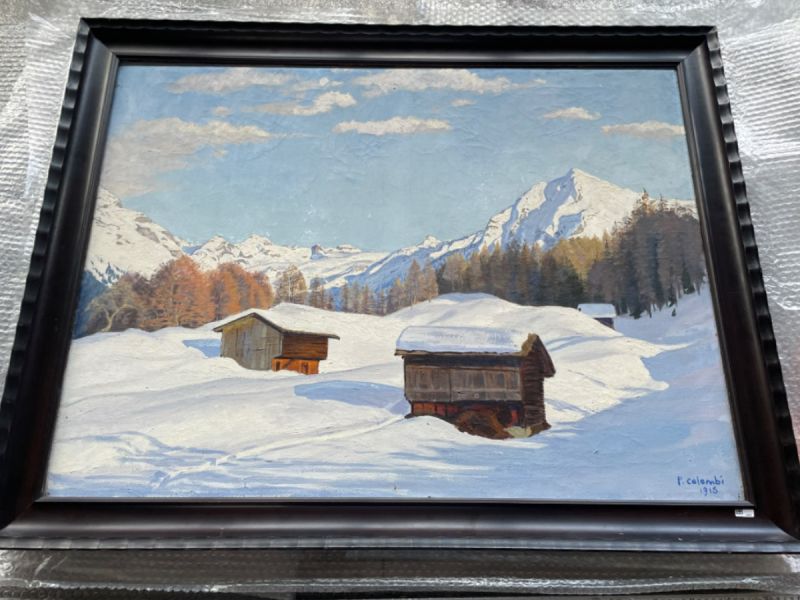 Gerahmtes Gemälde mit einer Winterlandschaft als Motiv, gepolstert auf Folie für den Versand